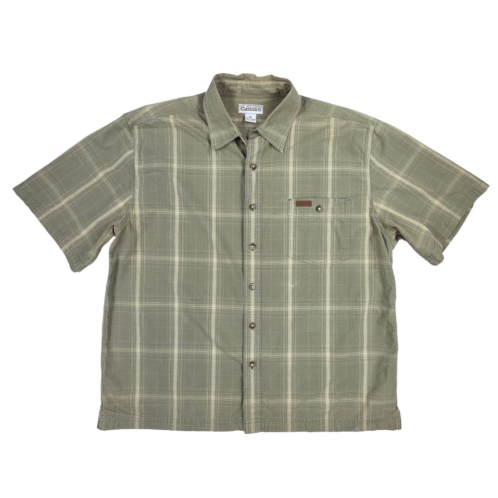 Carhartt Mens XL Sage Green Plaid Ripstop Short Sleeve Button Down Shirt S154LEA